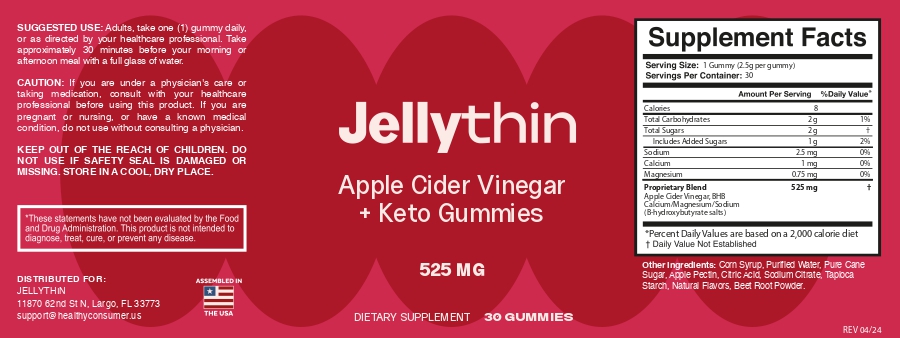 JellyThin official website supplement facts label ingredients panel